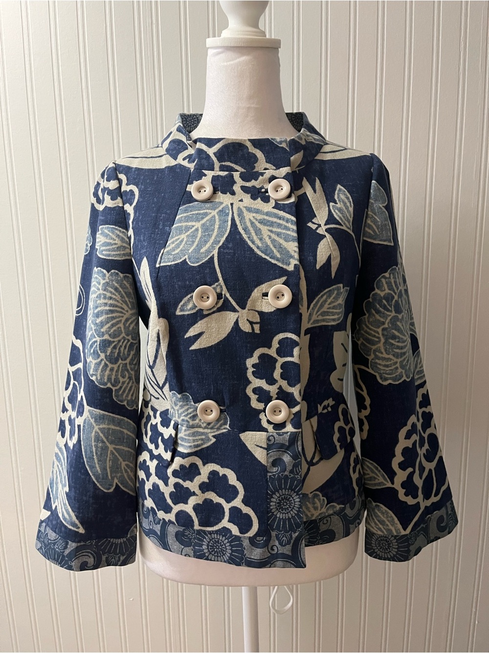 elevenses Navy and Cream Floral Double-Breasted Pea Coat